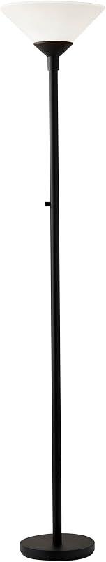 Adesso Dual-Socket Floor Lamp, Black & Frosted White, 3-Way, 73” | Aries 300W Torchiere with Double-Socket Design, 3-Way Dimming and Rotary Switch for Bedroom or Living Room Lighting