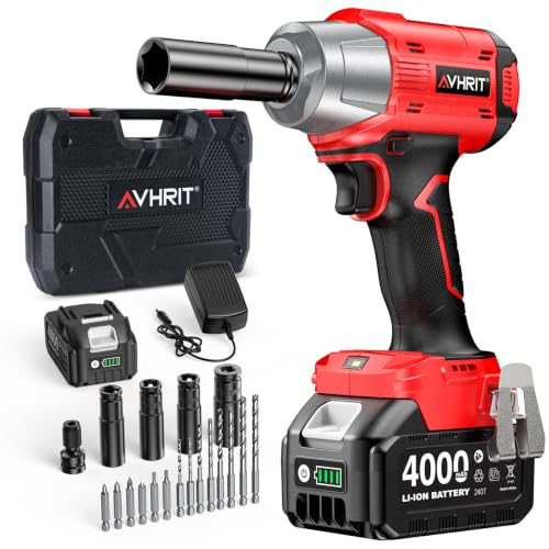 Avhrit 3-in-1 Akku-Schlagschrauber 1000 Nm, 1/2 Zoll Bürstenloser Motor Elektrischer Schlagschrauber mit 4,0 Ah Akku, 2200 U/min, Akku-Schrauber Set mit Stecknüssen, Bits & Koffer für Auto, Werkstatt