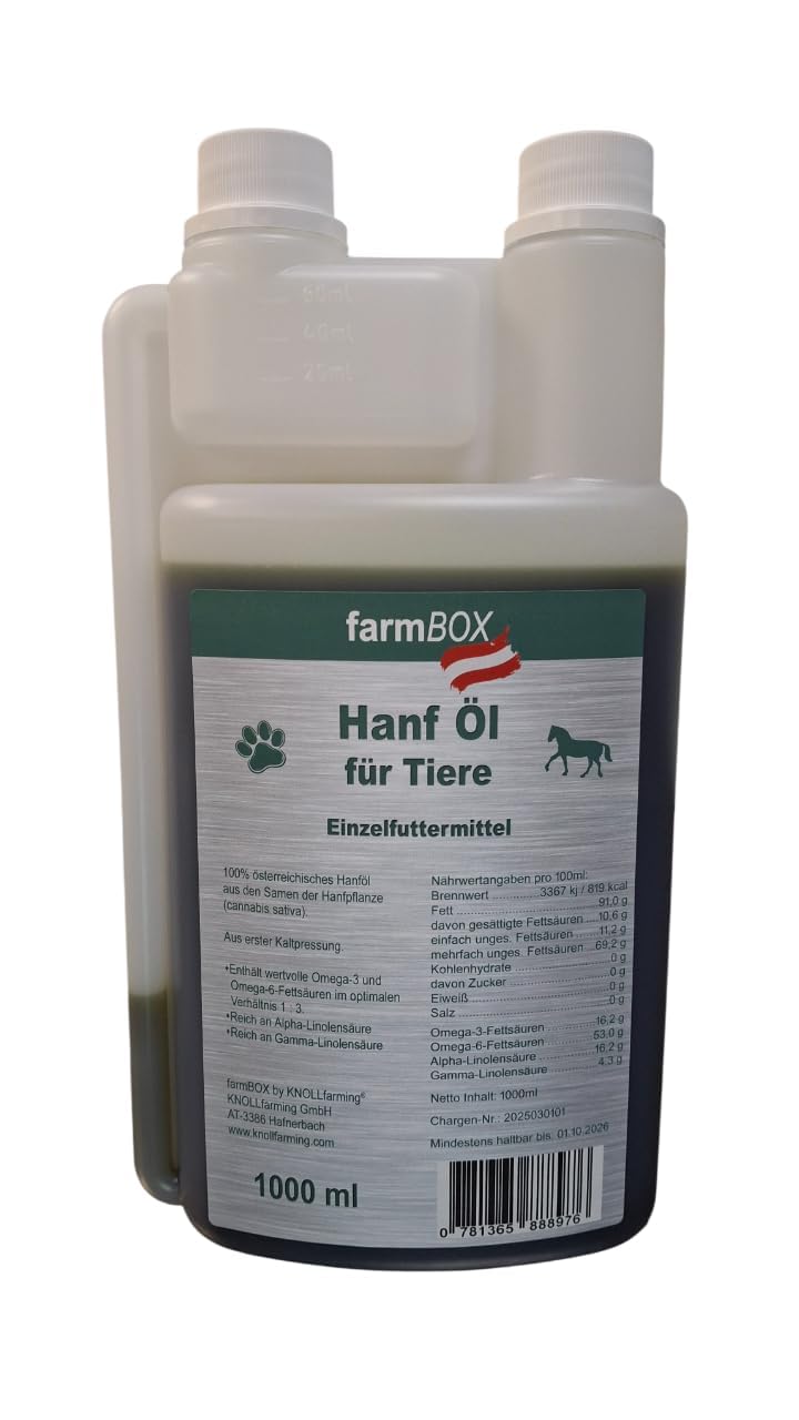 farmBOX Huile de chanvre pour animaux 1000 ml 1 l Flacon doseur pressé à froid Qualité d'Autriche (1)