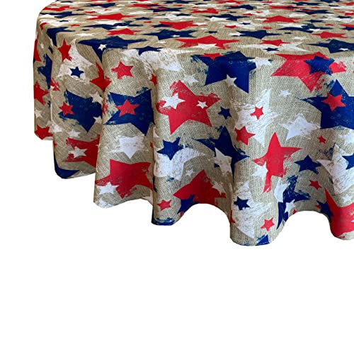 Newbridge Burlap Patriotic Stars Vinyl Flannel Backed Tablecloth - Rustic American Stars Red, White And Blue Vinyl Tablecloth, 70 Inch Round #TOP4