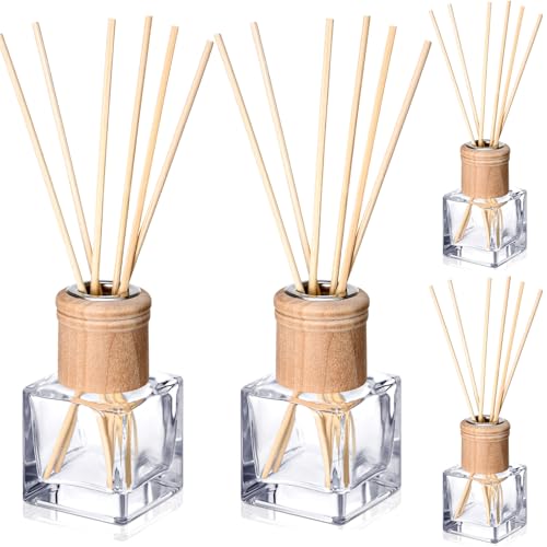 Roshtia 4 Set Reed Diffuser Bottle Empty Refillable Fragrance Glass Diffuser Bottles with Wooden Caps Rattan Sticks 50ml 1.7 oz Glass Jars for DIY Fragrance
