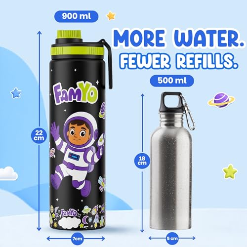 Image of Famyo Stainless Steel Kids Water Bottle 900ml, Leo Astronaut Design | Leakproof Sipper with Carry Loop, BPA Free, Personalizable Name Space, School, Outdoor & Travel, Girls & Boys Ages 4-15