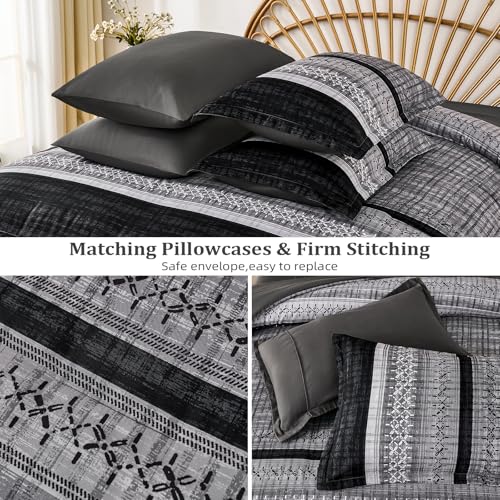 Image of Dintszyayue Black Comforter Set Queen Size, 8 Pieces Boho Striped Bed in a Bag Soft Microfiber Bedding Set for All Season