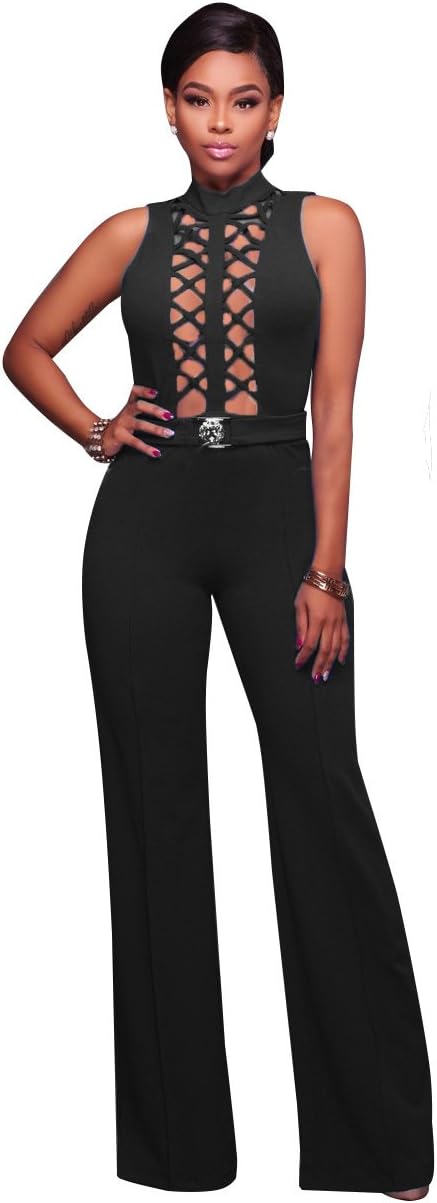 Women's Sexy Mesh See Through Top Open Back Loose Long Wide Leg Jumpsuits Rompers Black S