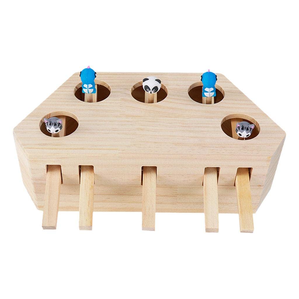 Milageto Caja de para Gatos Juguete Interactivo de Madera con Animales de Silicona Juego de Captura Y Mejora Alertidad Y Estimula Compañerismo, 5 Agujeros