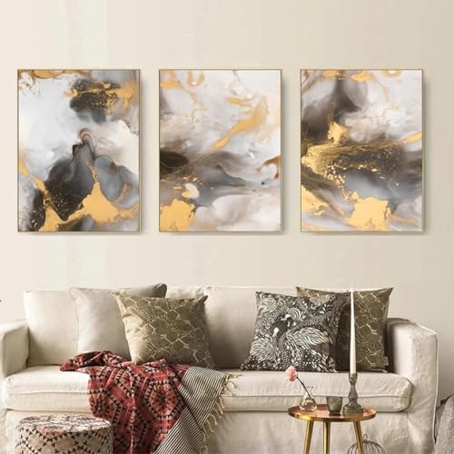 Impression d'art mural triptyque abstrait gris et or pour salon