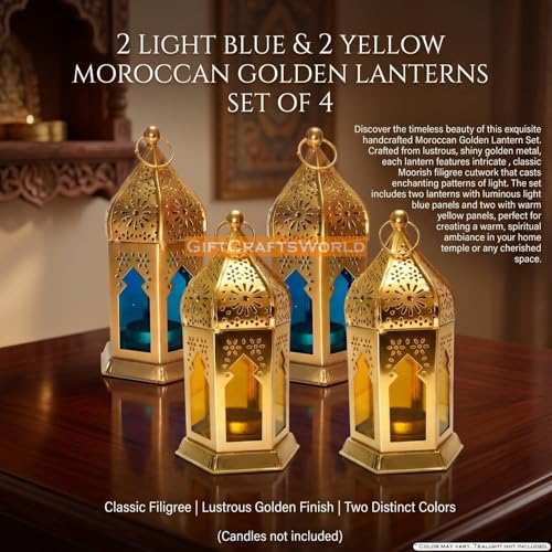 Image of Antique Traditional Hanging Diwali Lantern Candle Holder for Home Decoration - Festive Vintage Metal Glass Indoor Outdoor Patio Balcony Lighting Gifts (Yellow - Light Blue, Set of 4)