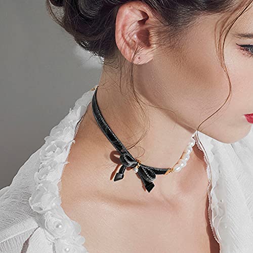 Cowlyn Bow Collar Half Baroque Cultured Pearl Choker Link Ribbon Chain Short Necklace Statement Jewelry For Women Girls #TOP2