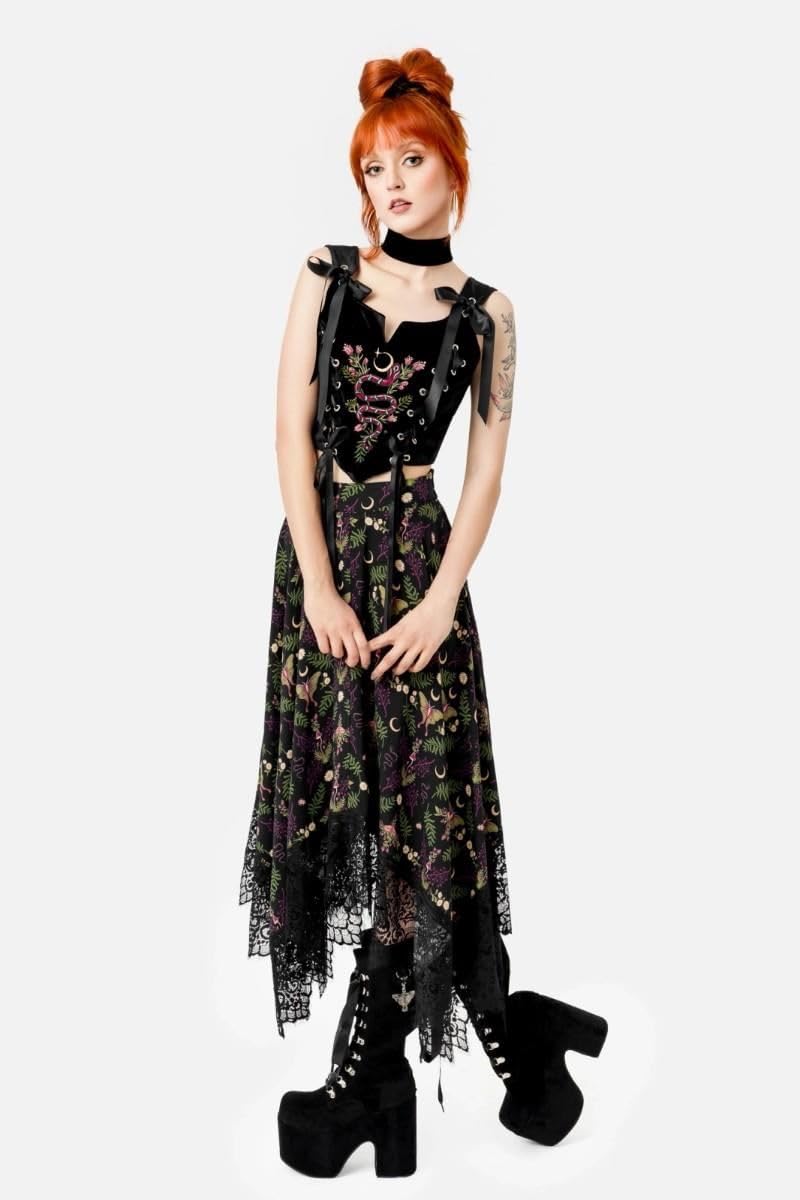 Restyle Gonna Midi Wilderwood con Stampa Botanica Gotica e Pizzo Witchcore
