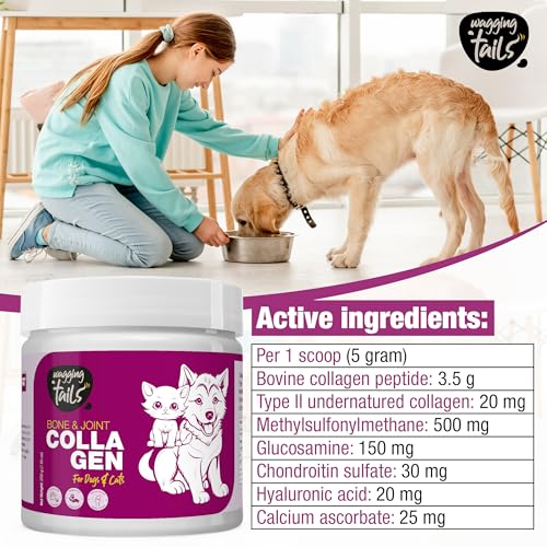 Image of Wagging Tails Bone & Joint Collagen for Dogs & Cats|Best Hip & Joint Supplement for Mobility & Pain Relief|Hydrolyzed Collagen Glucosamine & MSM|All Breeds|Unflavoured Powder 200g