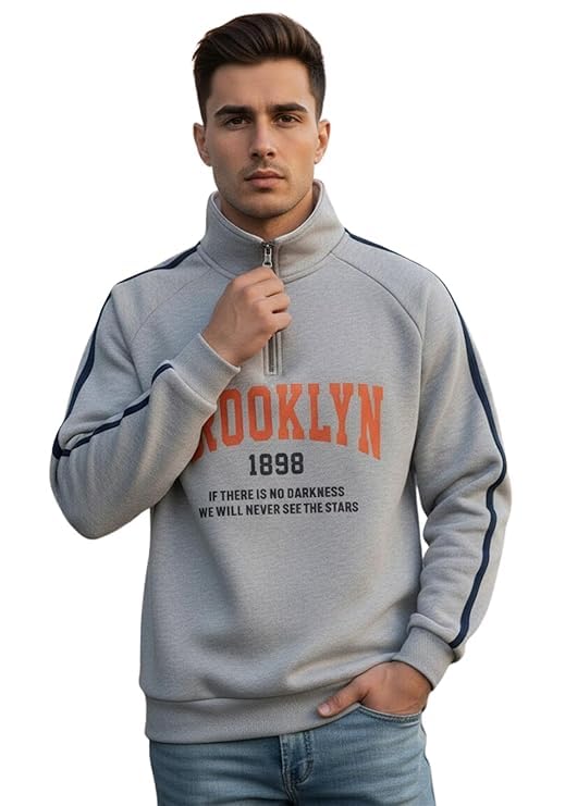 akar Men's Regular Fit Quarter-Zip Sweatshirt, Cotton Blend, Grey with Brooklyn Print, Winter Casual Wear-picture-10