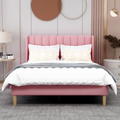 Image of AGARTT Upholstered Platform Bed Frame Full Size, Pink Velvet