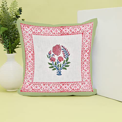 Image of BLOCKS OF INDIA Hand Block Printed Cotton Linen Cushion Cover (16 X 16 Inches) (Green Motifs), 250 TC