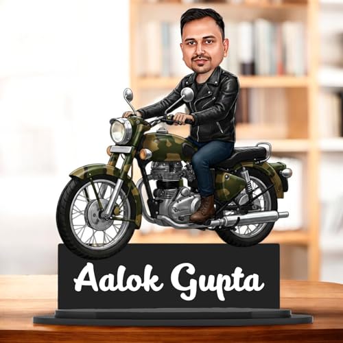 Image of Taxton Custom Bike Rider Caricature Personalized Wooden Bike Photo Frame for Men | 7.5 Inch Durable Double Wood Print with Acrylic Name Plate (Army)