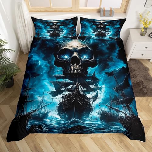 Pirate Ship Duvet Cover Toddler Size,Nautical Adventure Comforter Cover with 1 Pillowcase,Captain Skull Ocean Themed Bedding Set 2pcs for Kids,Navy Blue Sky Tie Dyed Quilt Cover,Not Comforter