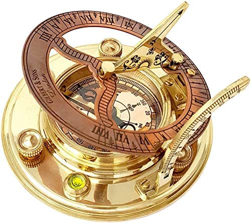 Antique Brass & Copper Sundial Compass, Sundial Clock with Leather Case, Nautical Marine Boat Gift, Sun Clock Pirate Ship Replica-image-12