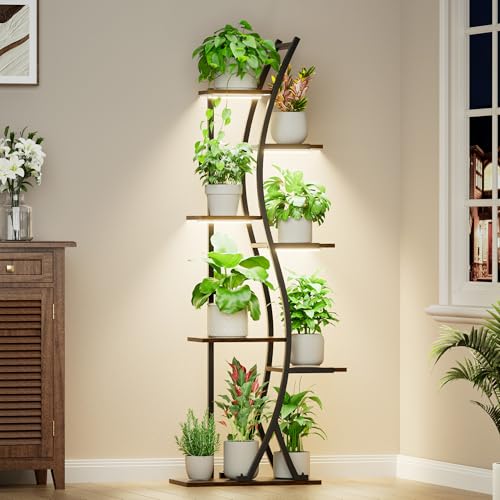 Image of MJOMKN 62 inch Plant Stand Indoor with Grow Lights - 7 Tiered Tall Metal Plant Shelf - Corner Wooden Plant Stand for Indoor Plants Multiple, Large S-Shape Flower Rack Holder for Living Room, Garden, Patio Decor
