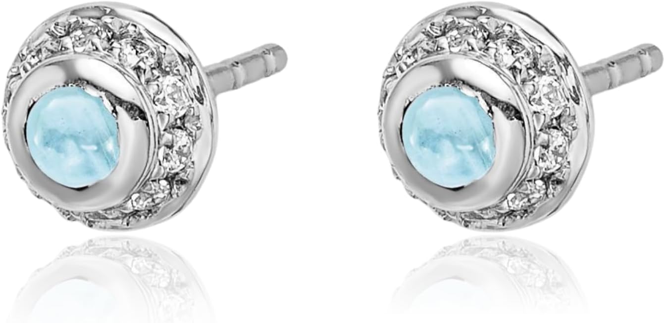 IceCarats 14K Solid White Gold 0.24 carat Blue Aquamarine Diamond Medium Stud Earrings 5mm Round Cut, Natural, Prong Set, Friction Back For Her