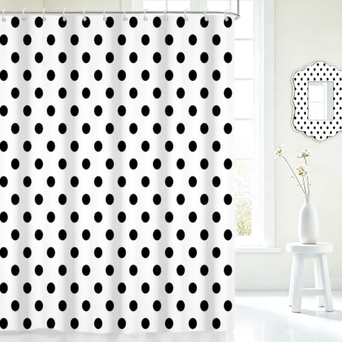 Polka Dots Shower Curtain, Black White Waterproof Fabric Shower Curtain for Bathroom with Modern Abstract Geometric Circle Bath Curtain Decor with Hooks, Machine Washable, 60''Wx72''L