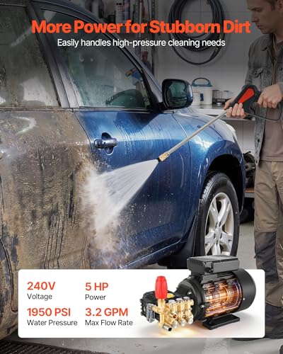 Image of VEVOR Electric Pressure Washer Pump Kit, 1950 PSI, 3.2 GPM, Triplex Power Washer Pump with 5 HP Motor 240 V, Adjustable Water Pressure, for Washing Cars, Gardens, Exterior Walls, Machinery Equipment