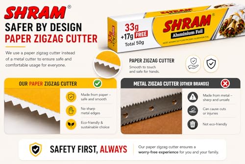 Image of Aluminium Foil | 11 Micron Food Grade Kitchen Foil Roll | Safe Paper Zigzag Cutter | Multipurpose Foil for Cooking, Baking, Wrapping & Food Storage (33 gm+ 17 gm Exttra Free /11 Micron)