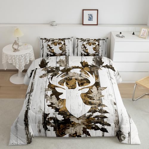 Image of Feelyou Camo Deer Comforter Set Queen Size Deer Antlers Army Camouflage Bedding Set Boys Girls Hunting Comforter Set Animal Duvet Insert Bed Set 3Pcs
