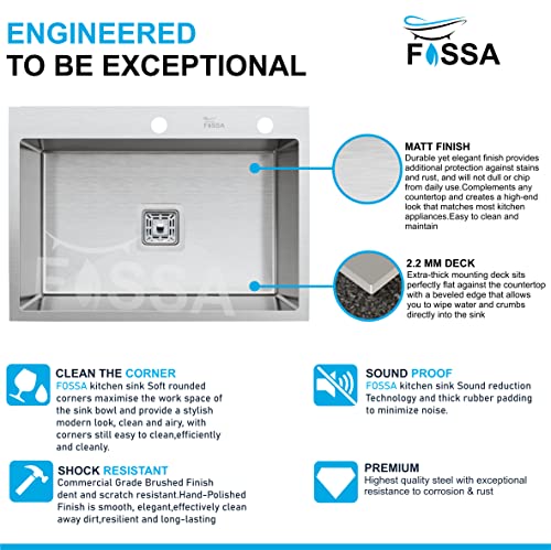 Image of Fossa Silver Kitchen Sink - 24 inchx18 inchx10 inch Stainless Steel Single Bowl Sink with Tap Hole, Drain Basket, Soap Dispenser, Drain - Topmount Sink for Campervan or Home Kitchen (Silver)