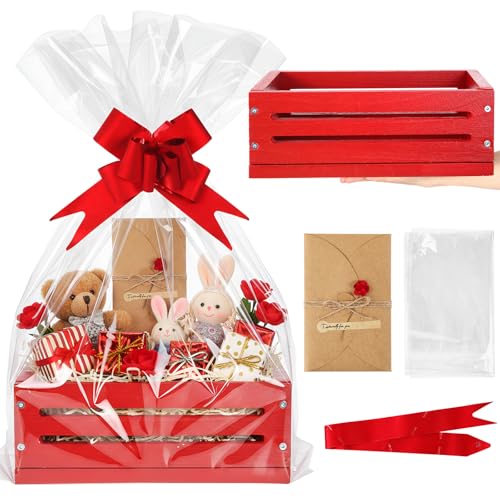 Image of Wonderjune Wooden Baskets for Back to School Gifts Empty Wood Basket with Cellophane Bag Ribbon Greeting Card for Birthday Baby Shower Wedding Housewarming Gifts Packaging(Red,Small)