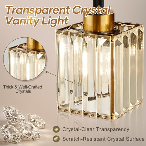 Image of Torondo Modern Crystal Bathroom Vanity Light 4-Lights Gold Bathroom Light Fixtures Over Mirror Black and Gold Vanity Lighting Fixtures Gold Square Shade Brass Wall Sconce (Bulbs Not Include)