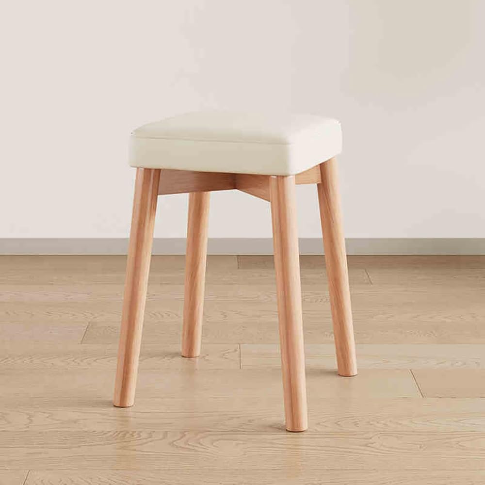 Drewniane stołki do układania w stos, 45 cm, wyściełane krzesła bez oparcia z antypoślizgowymi nóżkami, nowoczesny design, do domu, biura, kuchni i szkoły, kolor kremowy