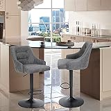 ALPHA HOME Drehbarer Barhocker Höhenverstellbarer Airlift Barhocker Küche Esszimmer Café Hydraulischer Barhocker aus PU-Leder mit gepolsterter Rückenlehne und verchromter Metallbasis, grau, 2 Stück