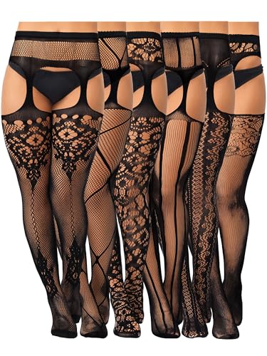 Image of Jadive 6 Pairs Women Plus Size Suspender Tights Fishnet Thigh High Stockings Garter Belt Lingerie Pantyhose