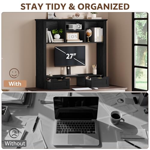 Image of Desk Shelf with Computer Monitor Stand, 37.4''W Desktop Bookshelf Display Rack, Desktop Organizer Storage Rack with Cubbies & Drawers, 5-Tier Hutch for Home, Office, Dorm, Vanity, Black