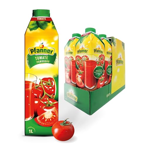 Pfanner Tomatensaft (8 x 1 l) – Fruchtsaft, fein püriert, fruchtig-würzig und mit 100% natürlichen Zutaten – 99% Saftgehalt aus Tomaten – im Vorratspack