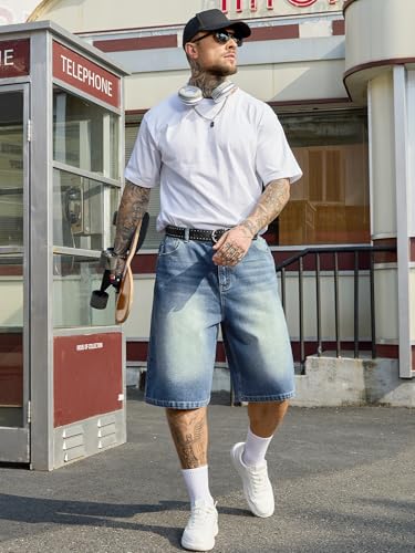 Image of PLEPAN Mens Super Baggy Jean Shorts 12 inch Vintage Loose Fit Wide Leg Long Jorts Y2K Streetwear Below Knee Denim Shorts