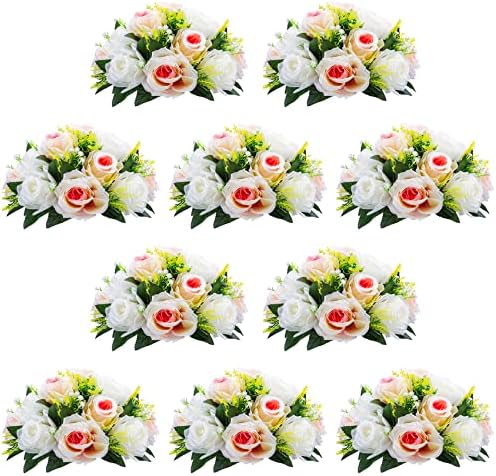 NUPTIO 2 Pcs Fake Flower Ball Arrangement Bouquet,15 Heads Plastic Roses with Base, Suitable for Our Store's Wedding Centerpiece Flower Rack Parties Valentine's Day Home Décor (Red & White)