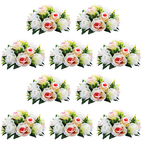 Image of NUPTIO Pcs of 10 Fake Flower Ball Arrangement Bouquet,15 Heads Plastic Roses with Base, Suitable for Our Store's Wedding Centerpiece Flower Balls for Centerpieces Home Decor (Pink Champagne & White)