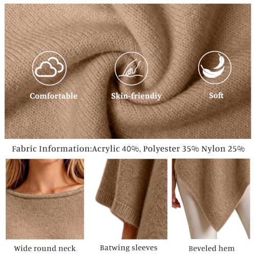Women Knit Poncho Sweater Cape Boat Neck Batwing Sleeve Shawl Wrap - image 7