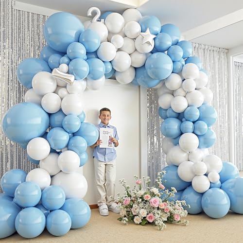 Image of 412Pcs Blue and White Balloon Arch Kit, 18 12 10 5 Inch Different Size Light Blue White Balloon Garland Kit for Baby Shower Graduation Birthday Wedding Party Decorations