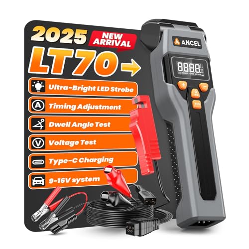 ANCEL LT70 Digital Timing Light Automotive, Inductive Ignition Timing Light Gun with Tachometer, Advance, Dwell & Voltage Test, High Bright LED & Type-C Charging, for 9–16 V 2 & 4 Stroke Gas Engines
