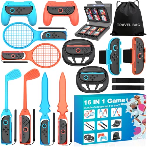Switch 2 Sports Accessories 16 in 1 Bundle for Nintendo Switch 2 Sports Games, Family Sports Party Pack Accessories Kit Gift with Wheel Grip, Thumb Grip, Game Case and Carrying Bag (Only for switch 2)