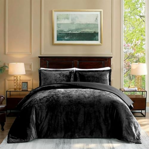 TAMGHO Crushed Velvet Comforter, Black Queen...