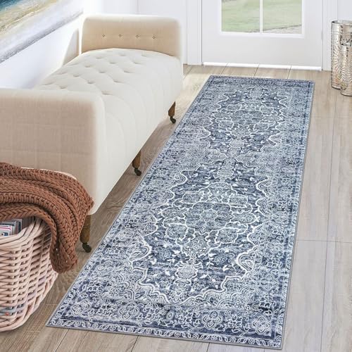 KUTA Vintage Washable Runner Rug, 2x6 Blue White Runners for Hallways Non-Slip Kitchen Rugs Ultra Soft Printed Distressed Floral Floor Carpet for Laundry Bedroom Living Room Nursery