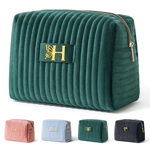 Image of COSHAYSOO Easter Basket Stuffers Essentials Gifts for Women Quilted Makeup Bag Make Up Cosmetic Pouch Travel Size Skin Care Toiletries Lip Balm Gloss Liner Oil Tint Organizer Green Initial Letter H