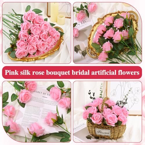 Ovveroche 80 Pcs Roses Artificial Flowers, Silk Pink Artificial Flowers Petals Long Stem Roses for Wedding Bouquet Home Party Decor