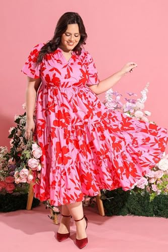 Image of TIYOMI Women Plus Size Dress Boho V Neck Short Sleeve Beach Maxi Dresses Floral /Stripe /Leaves /Lemon XL-5XL