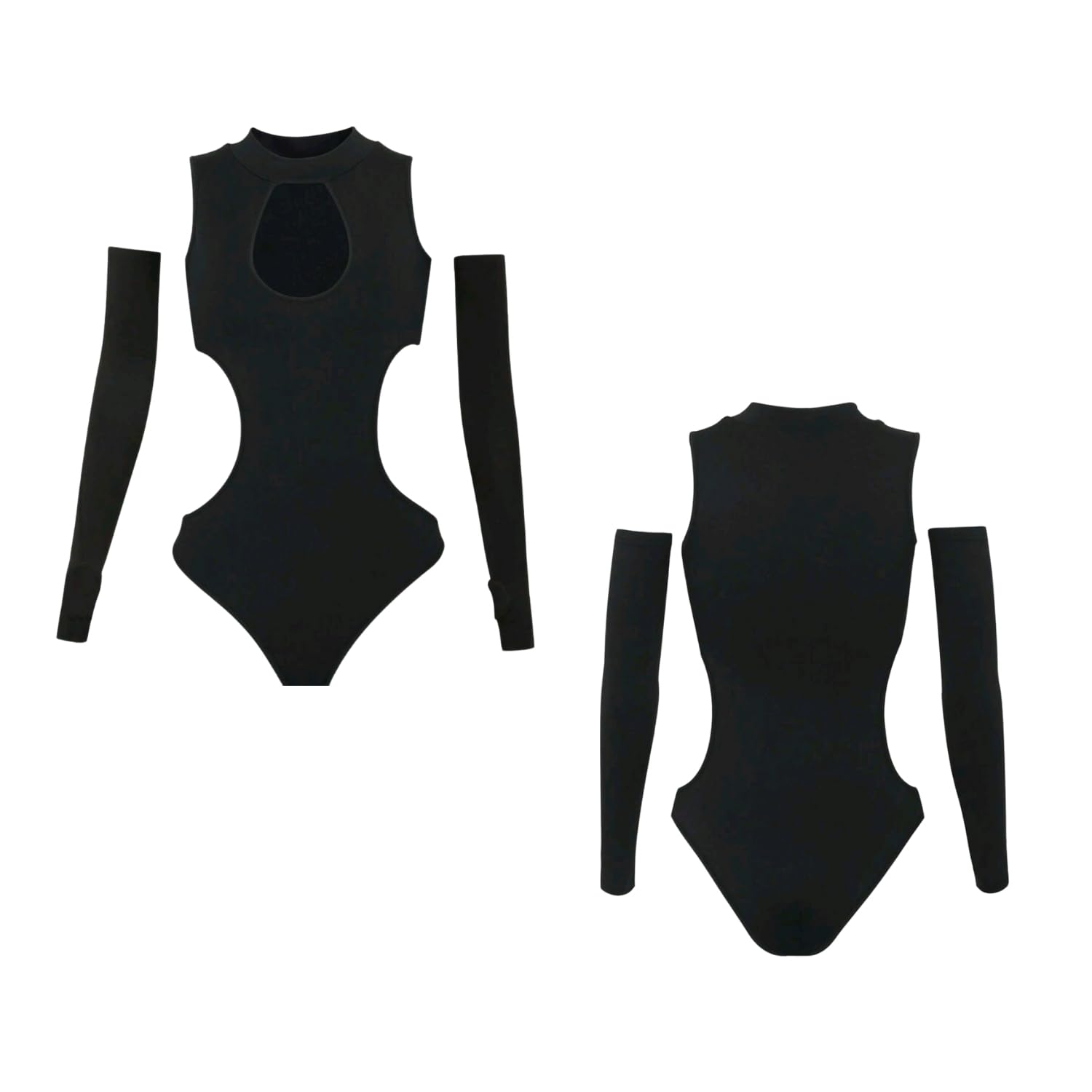 Sexy Hollow Out Body für Damen mit Abnehmbaren Langen Ärmeln Schwarz Hohl Teddy Dessous Gothic Bodysuit Y2k Frauen Cutout Jumpsuit Rave Outfit Party Clubwear Streetwear