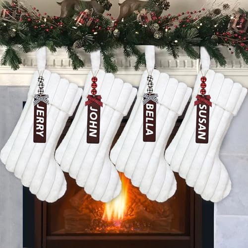 LOMOHOO Christmas Stocking Set of 4 Large White Faux Fur Stockings with Name Tags for Party Gift and Tree Decoration