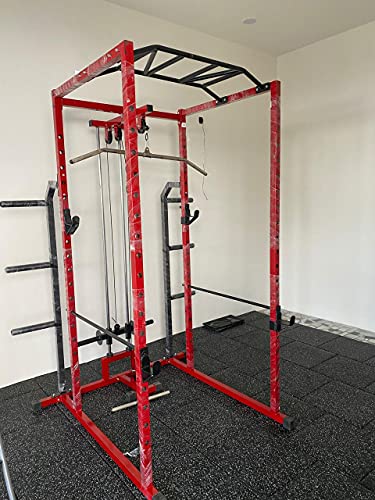Image of Gamma Fitness Steel Power Squat Rack PR-27 with LATS Pull Down, Rowing Land Mine, Multi-Step Chinning for Home Gym Or Commercial Gym Purpose (Red, Black)
