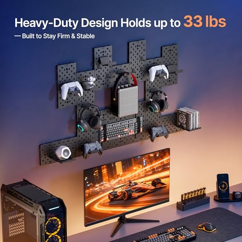 Image of PEGZONE Controller and Headphone Holder Wall Mount, Modular Gaming Pegboard with Accessories, Controller Stand for Xbox PS5 PS4 Switch, Video Game Storage, Disc Shelf Organizer, 14pcs Pegboard, Black